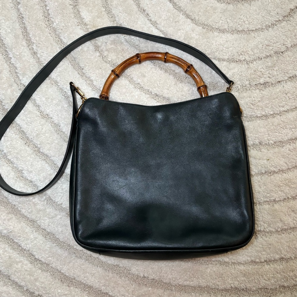 Vintage Gucci Green Leather Crossbody with Bamboo Handle